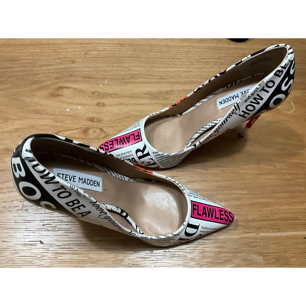 Steve Madden Vala Newspaper Print Pointed Toe Pumps White Black Pink 8M